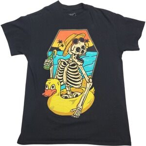 Neon Riot Sz M T-Shirt  Skeleton Beach Vacation Duck Float Graphic Black
